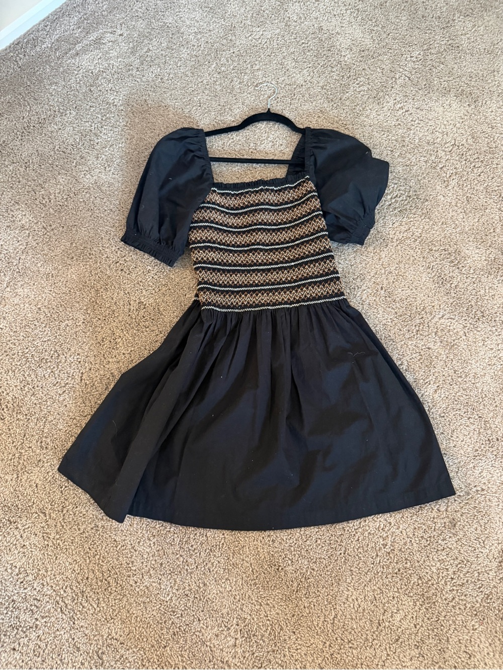 Madewell Black Puff Sleeve Dress with Tan/Brown Smocked Bodice